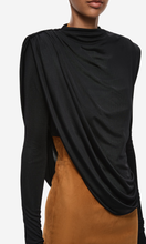Load image into Gallery viewer, MISHA The Draped Sheen Jersey Top in Black at SAINTE

