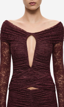 Load image into Gallery viewer, MISHA The Kali Ruffle Lace Maxi Dress in Currant at SAINTE
