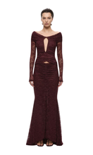 Load image into Gallery viewer, MISHA The Kali Ruffle Lace Maxi Dress in Currant at SAINTE
