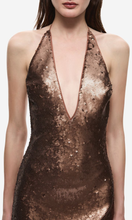 Load image into Gallery viewer, MISHA The Plunge Sequin Jersey Maxi Dress in Mocha at SAINTE
