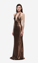 Load image into Gallery viewer, MISHA The Plunge Sequin Jersey Maxi Dress in Mocha at SAINTE
