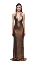 Load image into Gallery viewer, MISHA The Plunge Sequin Jersey Maxi Dress in Mocha at SAINTE
